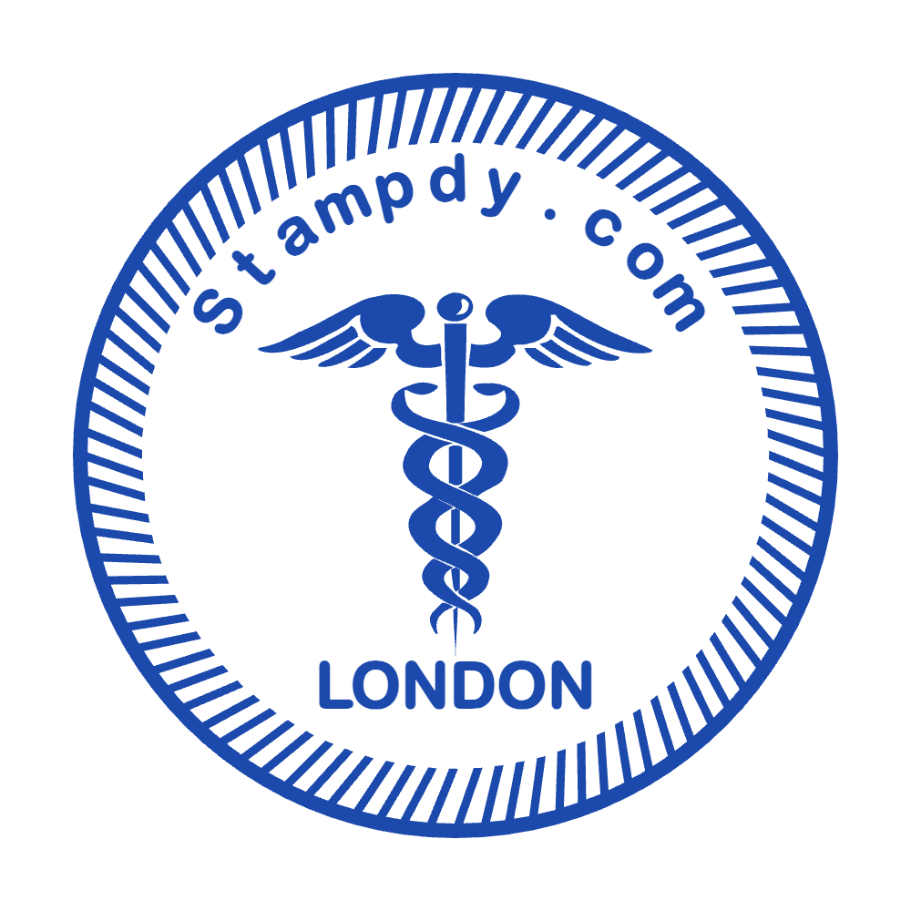 Round medical office stamp layout with “LONDON” lettering and curved text, #1207578