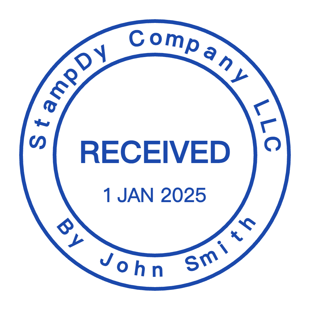 Round received document stamp with “By John Smith” lettering and curved text, SealsDigital #8279698