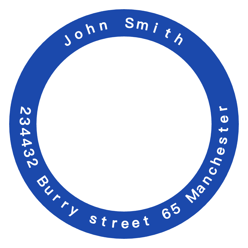Start an address stamp design in SealsDigital #6320778 SealsDigital round address stamp with “234432 Burry street 65” lettering and curved text, #6320778