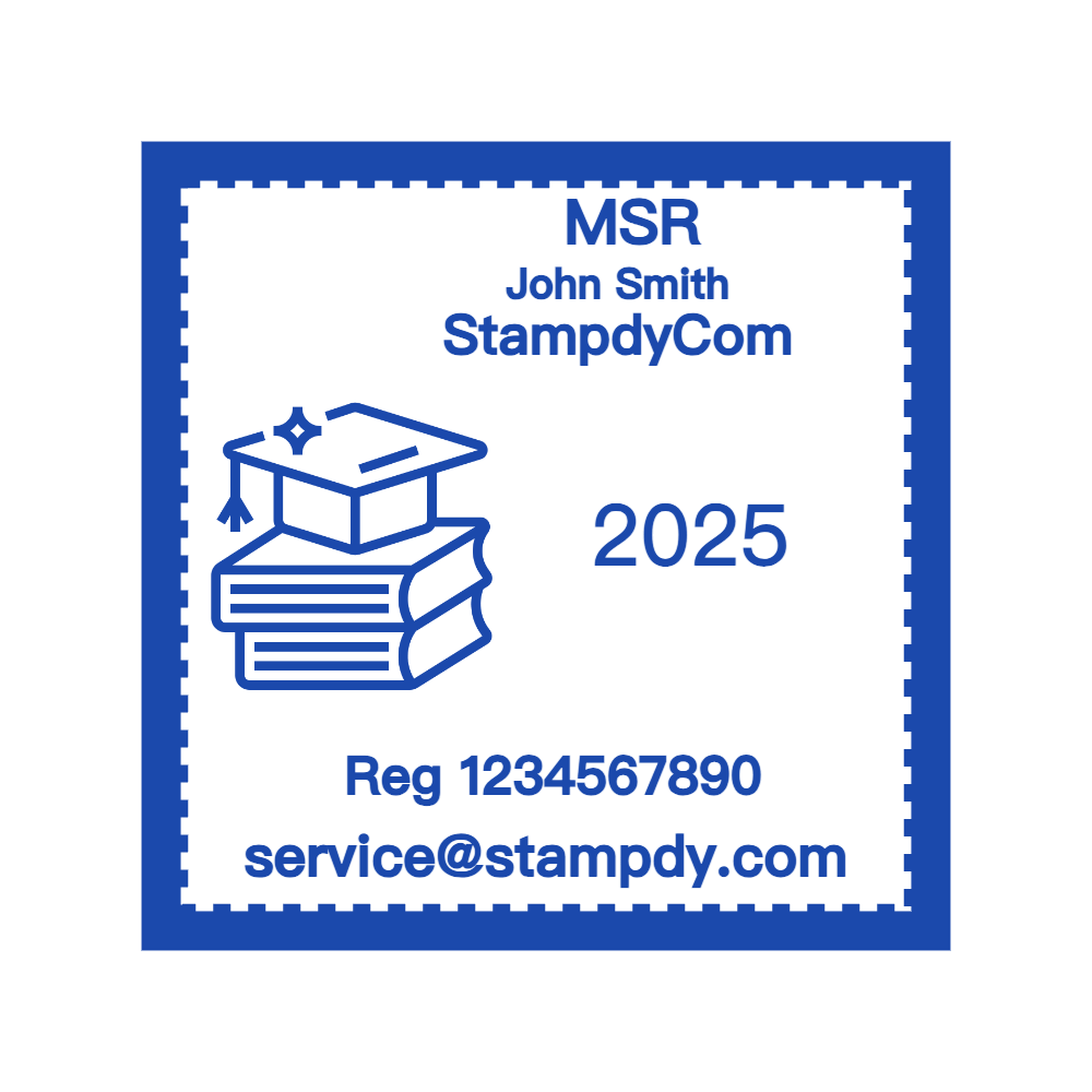 Rectangular square seal layout with registration details and a graphic emblem, #7500738
