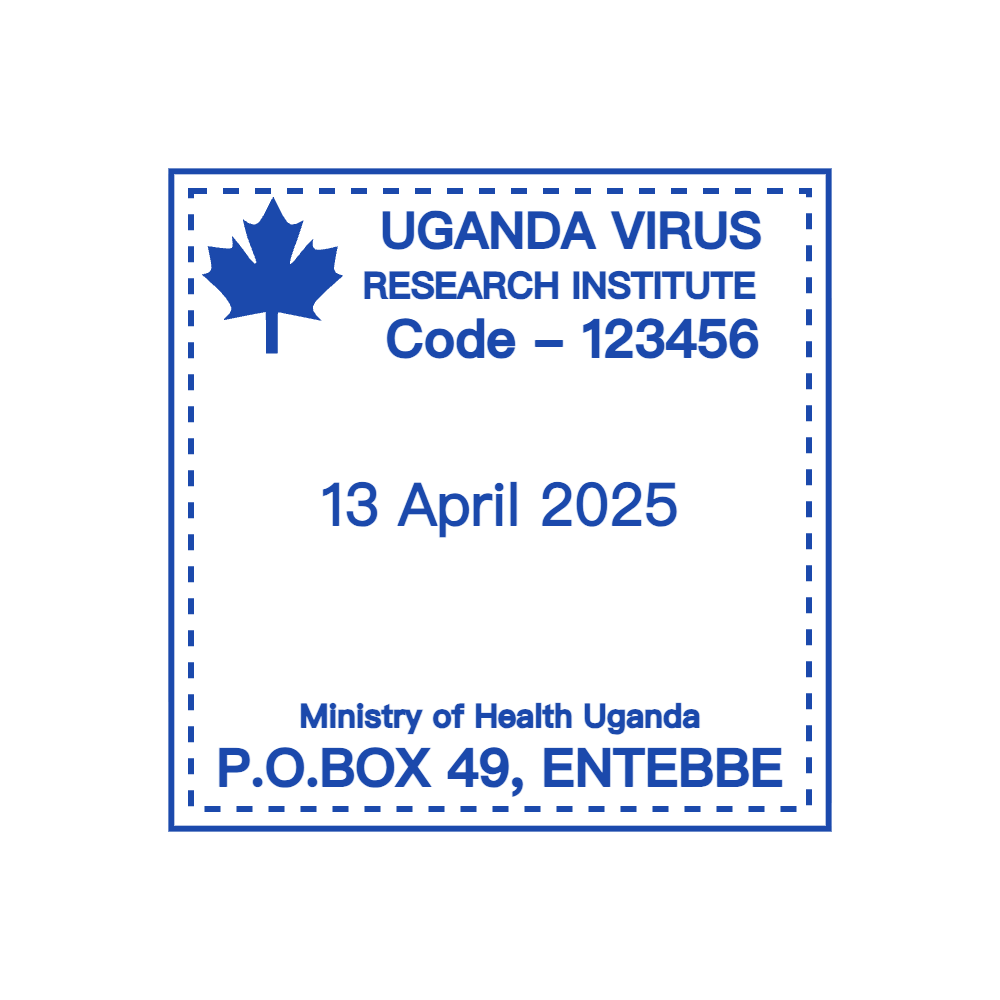 Rectangular square seal showing “P.O.BOX 49, ENTEBBE” lettering and a graphic emblem, template #8356454