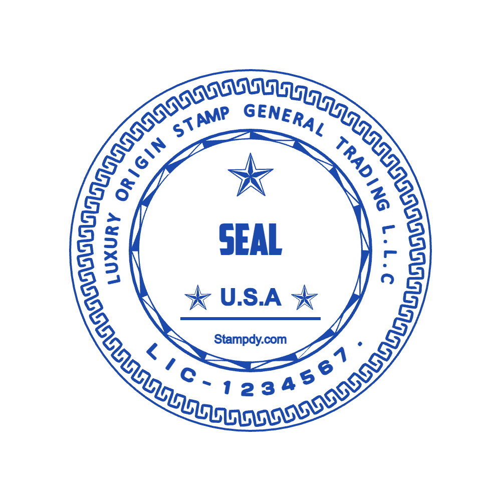 Personalize this round company seal in SealsDigital #9223688 SealsDigital round company seal with “U.S.A” lettering and curved text, #9223688