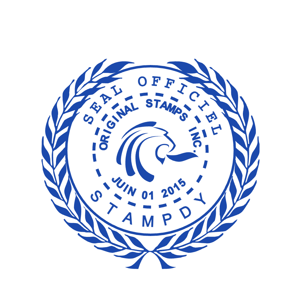 Personalize this round decorative seal in SealsDigital #0438488 Round decorative seal with “JUIN 01 2015” lettering and curved text, SealsDigital #0438488