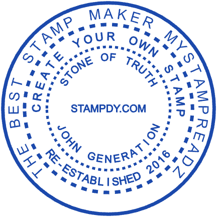 Edit this business stamp with “JOHN GENERATION” lettering and curved text in SealsDigital #1864766 Round business stamp with “JOHN GENERATION” lettering and curved text, SealsDigital #1864766