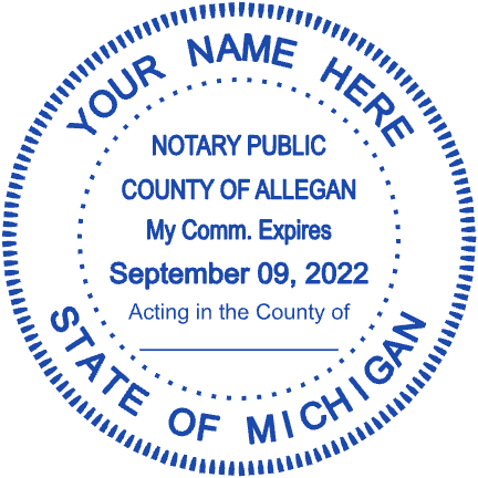 Create a round notary stamp in SealsDigital #0670947 Round notary stamp with “Acting in the County of” lettering and curved text, SealsDigital #0670947