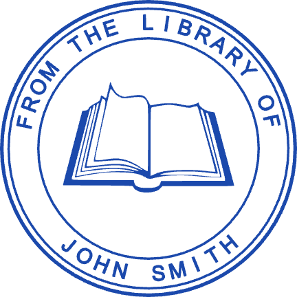 Round library ownership stamp layout with “JOHN SMITH” lettering and curved text, #1883009