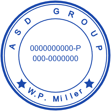 Personalize this W.P. Miller company registration seal in SealsDigital #5048571 Round ASD Group business seal with W.P. Miller name and registration numbers, SealsDigital #5048571