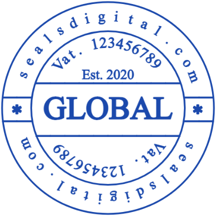 Personalize the global trade registration seal with SealsDigital | 8764842 A global trade label sits between matching VAT fields and short dividers, 38 mm layout