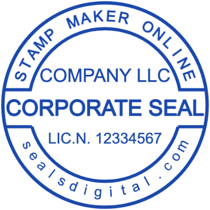 A corporate seal label shares the centre with a licence number, 38 mm layout