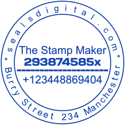 Telephone, reference and street details occupy a circular contact stamp, 38 mm layout