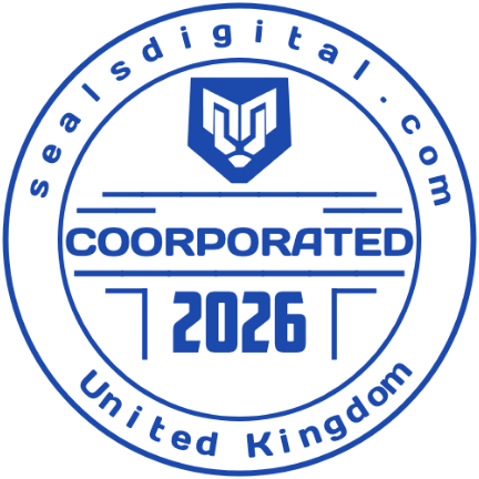 An incorporation year and United Kingdom label sit inside a circular business seal, 38 mm layout