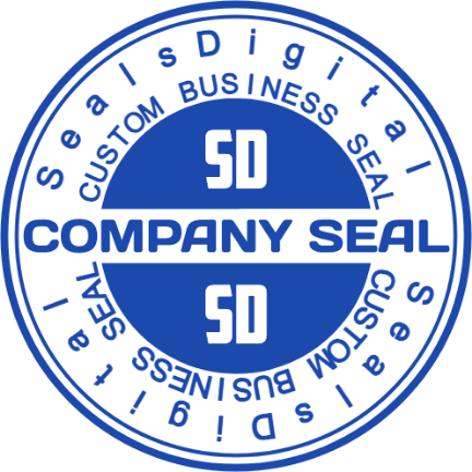 Blue circular seal with a white company band between two solid monogram panels
