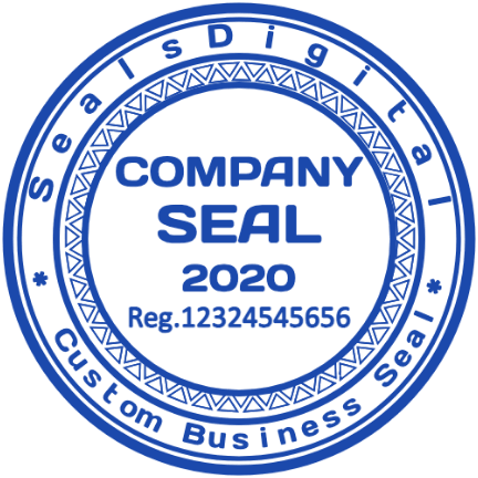 Customize a geometric border and registration details with SealsDigital Blue registration seal with a triangular patterned ring and two small star separators