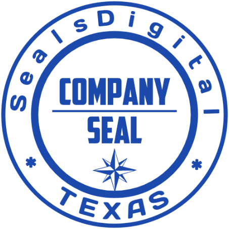 Make a Texas company seal with a compass accent with SealsDigital Texas business seal with bold central lettering and a small compass rose below