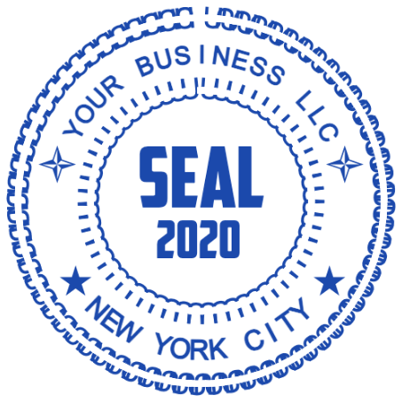 New York business seal with a scalloped outer edge and four small star accents
