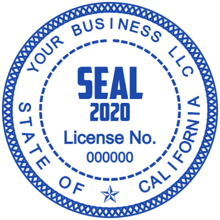 California license seal with a woven edge, date, number field and small star