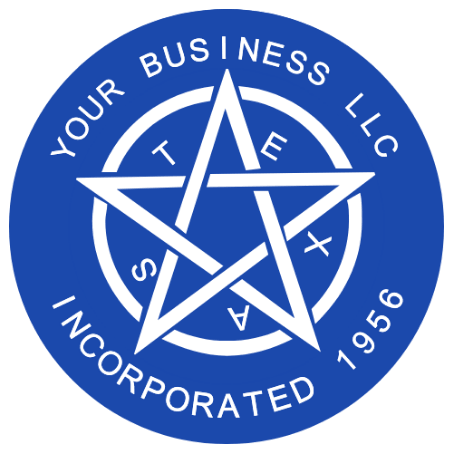 Solid blue company disc with white lettering around a large interlaced Texas star