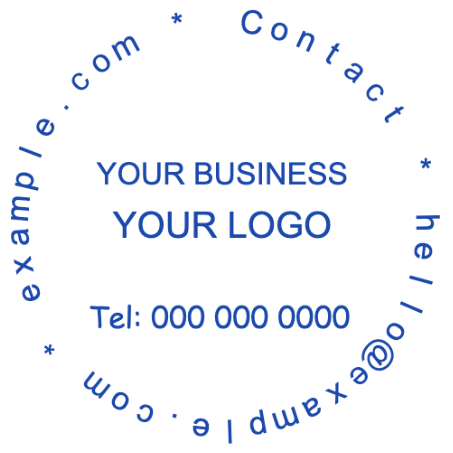 Open circular contact stamp with a central logo space and contact details around the edge