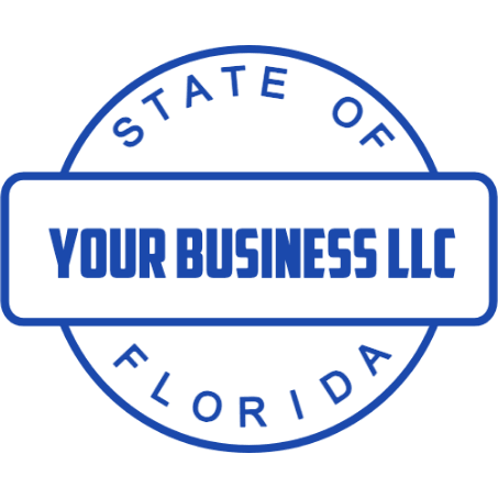 Florida circular stamp crossed by a wide rounded company name banner