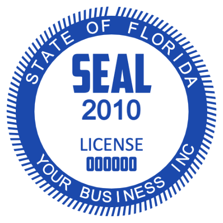 Edit company and license details in a blue band seal with SealsDigital Florida license stamp with white business lettering on a broad blue ring