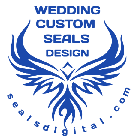 Personalize the winged wedding mark with SealsDigital An open winged emblem supports four stacked lines for a wedding stationery mark.