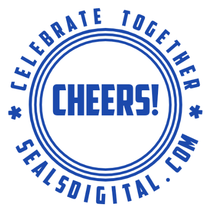 A large cheers message sits between outward facing celebration text arcs.
