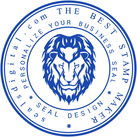 A detailed lion head anchors two circular bands of customizable business text.