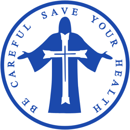A curved blue shield surrounds a white cross and a circular health message.