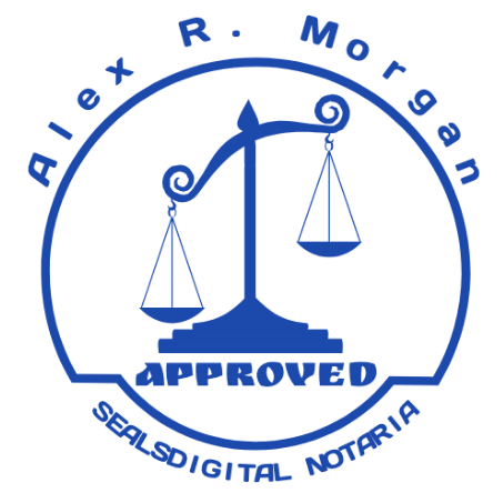 A scales illustration stands over an approval label between two curved name fields.