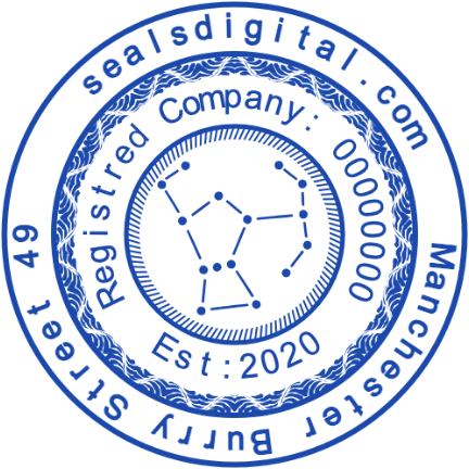 A fine constellation motif sits inside a circular registration and address layout.
