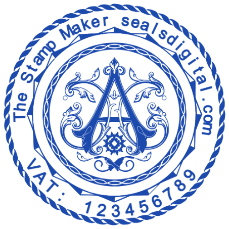An ornamental capital letter fills a braided medallion framed by business and tax details.