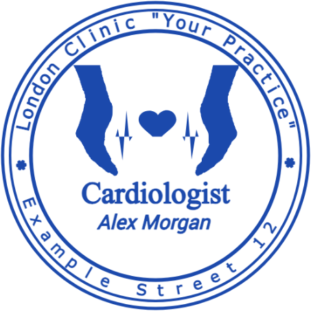 Two protective hands surround a heart above practitioner details in a double ring.