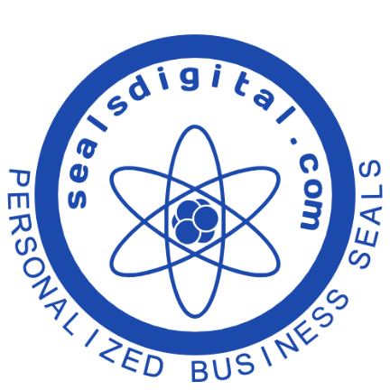 Personalize the atomic orbit business seal with SealsDigital An atomic orbit symbol sits between a bold name arc and a curved business label.