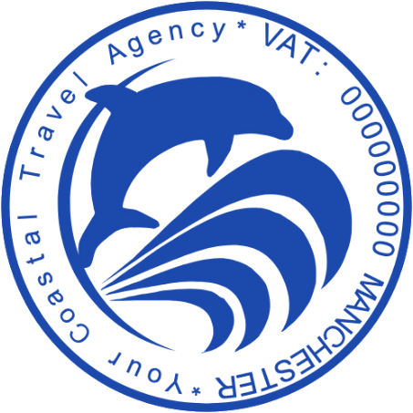 Personalize the dolphin travel mark with SealsDigital A leaping dolphin rises over wave bands surrounded by travel business details.