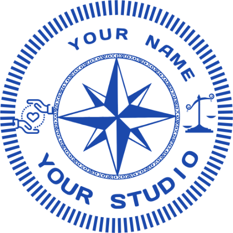 Personalize the compass navigation seal with SealsDigital A faceted compass rose separates two name arcs inside a fine radial border.