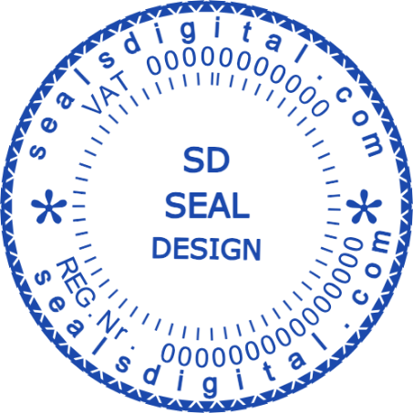 Personalize the radiating registry badge with SealsDigital Radiating tick marks frame a three line center label between VAT and registration arcs.