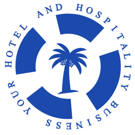Personalize the palm hospitality mark with SealsDigital A palm tree sits inside four separated blue bands surrounded by a hotel name.