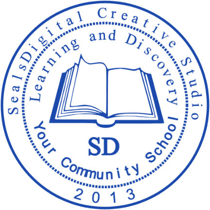 An open book and initials share a double ring with school lettering and a year.