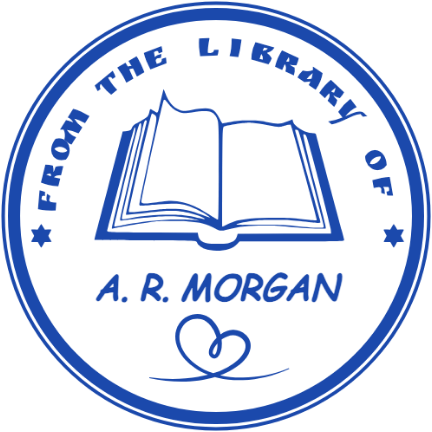 An open book sits above an owner name and heart inside a simple library ring.