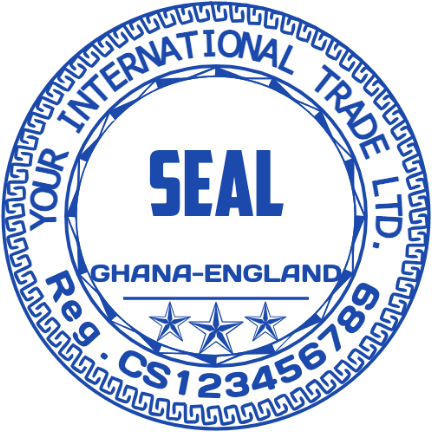 A repeating ornamental rim encloses a bold seal label, trade regions and registration text.