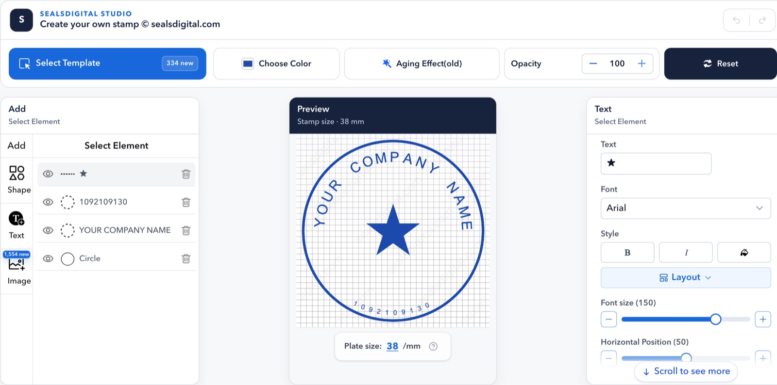 SealsDigital stamp editor showing editable stamp design controls