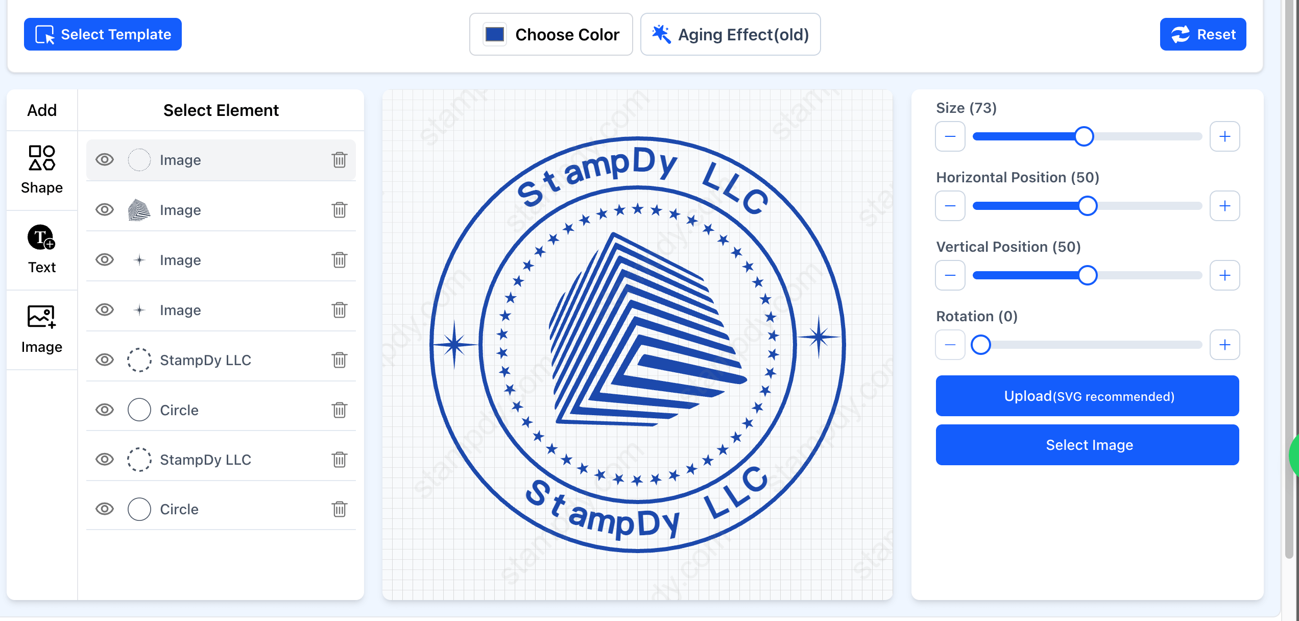 SealsDigital stamp editor showing editable stamp design controls